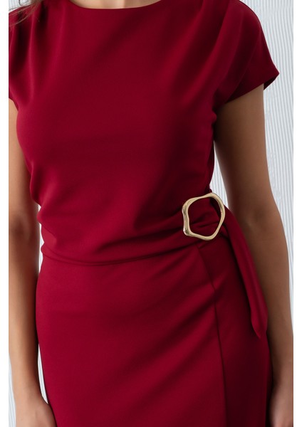 Kadın Bordo Toka Detay Midi Davet Elbisesi fırsatları