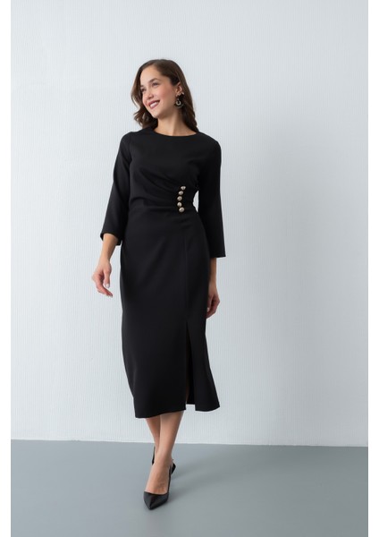 Kadın Siyah Düğme Detay Midi Davet Elbisesi fiyatları