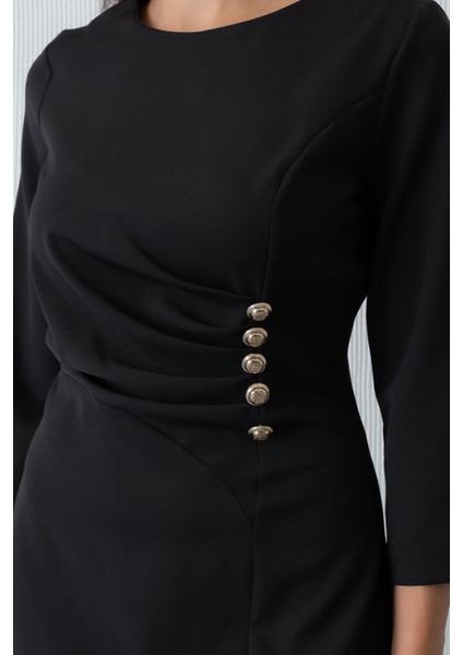 Kadın Siyah Düğme Detay Midi Davet Elbisesi fırsatları