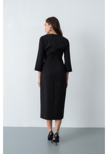 Kadın Siyah Düğme Detay Midi Davet Elbisesi indirimleri