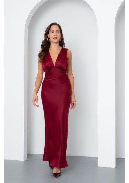 Kadın Bordo V Yaka Saten Davet Elbisesi fiyatları