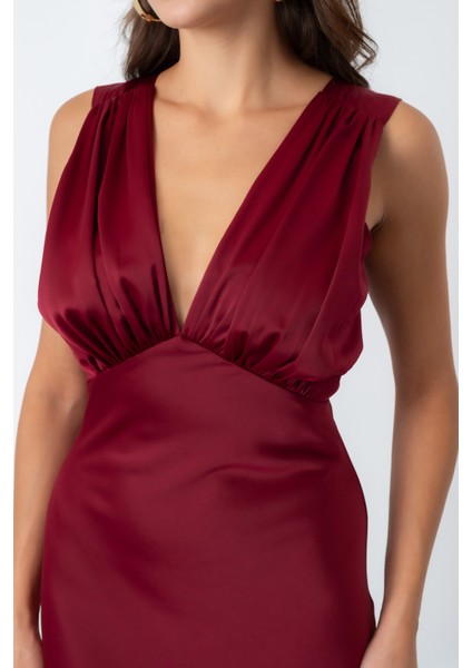 Kadın Bordo V Yaka Saten Davet Elbisesi fırsatları