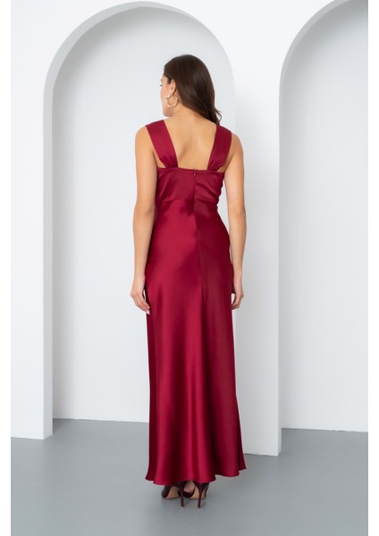 Kadın Bordo V Yaka Saten Davet Elbisesi indirimleri