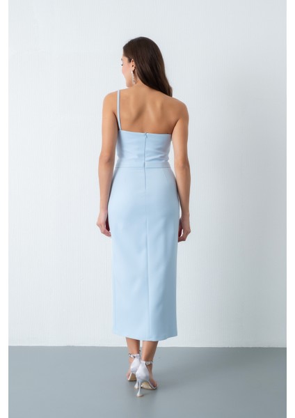 Kadın Bebe Mavi Sırt Dekolteli Taşlı Midi Abiye Elbise indirimleri