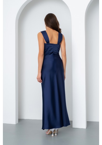 Kadın Lacivert V Yaka Saten Davet Elbisesi indirimleri