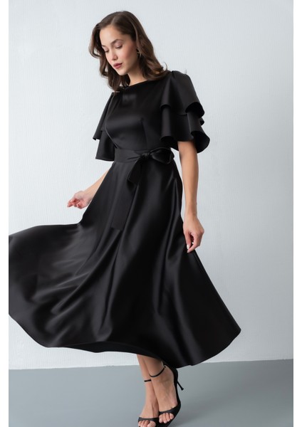 Kadın Siyah Kısa Kol Fiyonklu Midi Saten Elbise modelleri