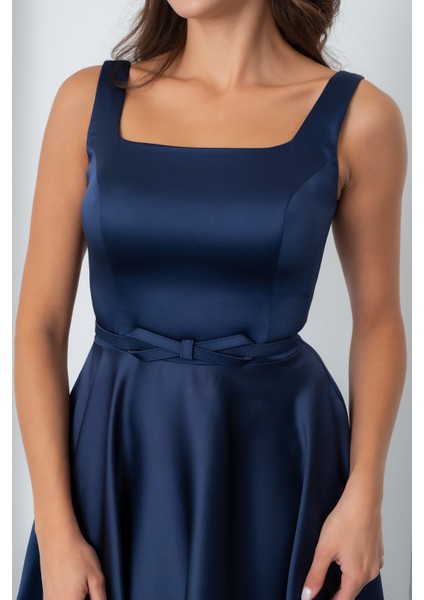 Kadın Lacivert Kare Yaka Kemerli Midi Söz Nişan Elbisesi fiyatları