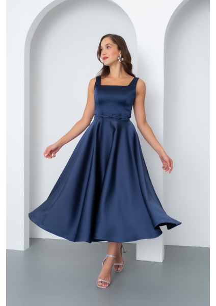 Kadın Lacivert Kare Yaka Kemerli Midi Söz Nişan Elbisesi fırsatları