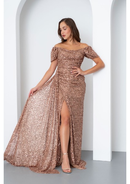 Kadın Gold Pul Payet Işlemeli Uzun Abiye Elbise