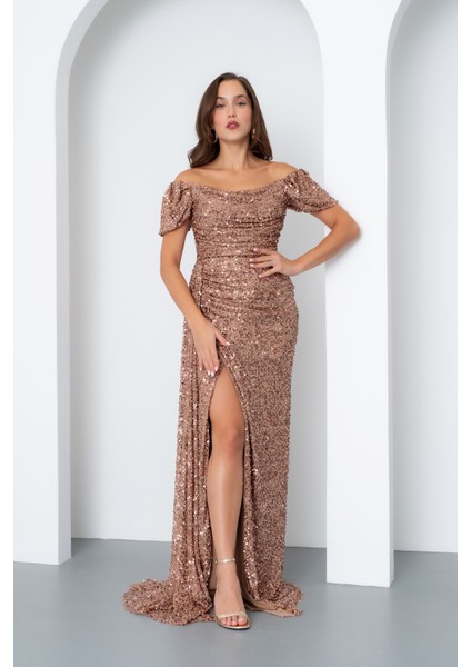 Kadın Gold Pul Payet Işlemeli Uzun Abiye Elbise fiyatları