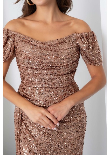 Kadın Gold Pul Payet Işlemeli Uzun Abiye Elbise fırsatları