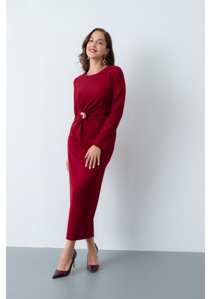 Kadın Bordo Aksesuar Detaylı Davet Elbisesi modelleri