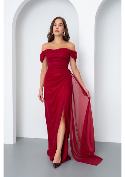 Kadın Bordo Kayık Yaka Drapeli Yırtmaçlı Uzun Simli Abiye Elbise fiyatları