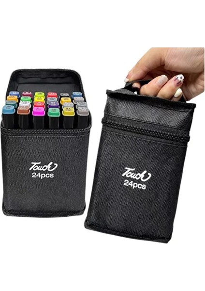 24'lü Fırça Uçlu ve Kalın Uç Çift Taraflı Art Marker Boya Kalem Seti Çantalı ve Standlı