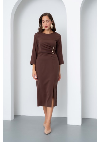 Kadın Kahverengi Düğme Detay Midi Davet Elbisesi fiyatları