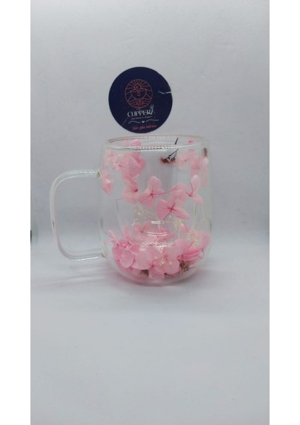 Isıya Dayanıklı Çift Cidarlı Kurutulmuş Canlı Çiçekli Kupa (Yoğun Pembe)