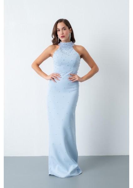 Kadın Bebe Mavi Halter Yaka Incili Söz Nişan Nikah Abiye Elbise