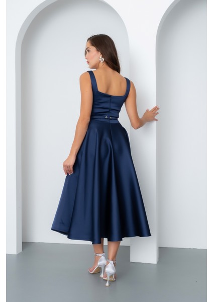 Kadın Lacivert Kare Yaka Kemerli Midi Söz Nişan Elbisesi indirimleri