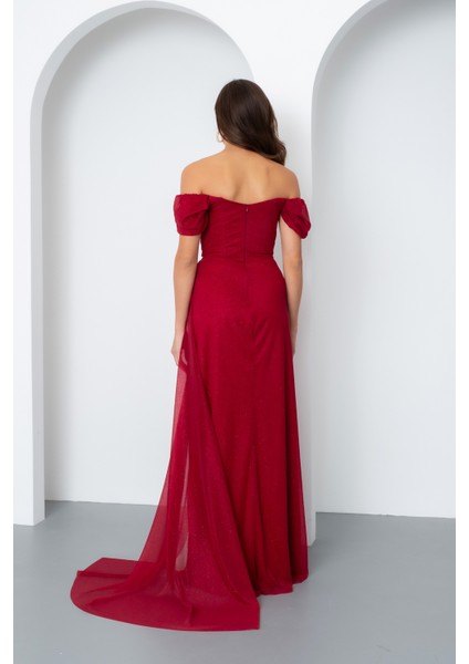 Kadın Bordo Kayık Yaka Drapeli Yırtmaçlı Uzun Simli Abiye Elbise indirimleri