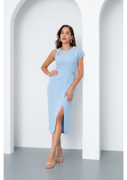 Kadın Bebe Mavi Aksesuar Detay Midi Elbise