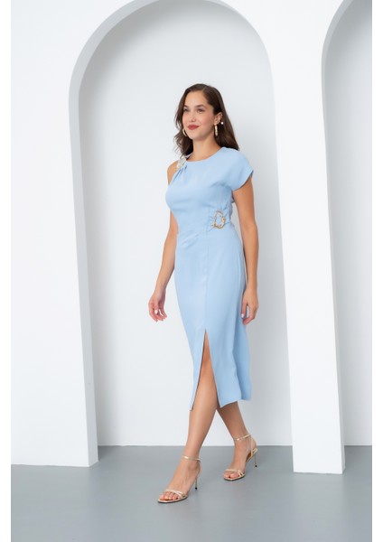 Kadın Bebe Mavi Aksesuar Detay Midi Elbise fiyatları