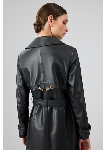 Jenny -X Kadın Siyah Kruvaze Yaka Deri Pardösü 24WGE52631M