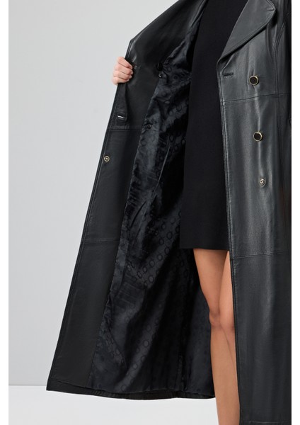 Jenny -X Kadın Siyah Kruvaze Yaka Deri Pardösü 24WGE52631M