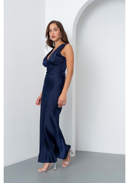 Kadın Lacivert V Yaka Saten Davet Elbisesi fiyatları