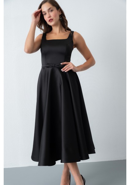 Kadın Siyah Kare Yaka Kemerli Midi Söz Nişan Elbisesi modelleri