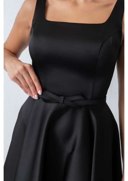 Kadın Siyah Kare Yaka Kemerli Midi Söz Nişan Elbisesi fırsatları