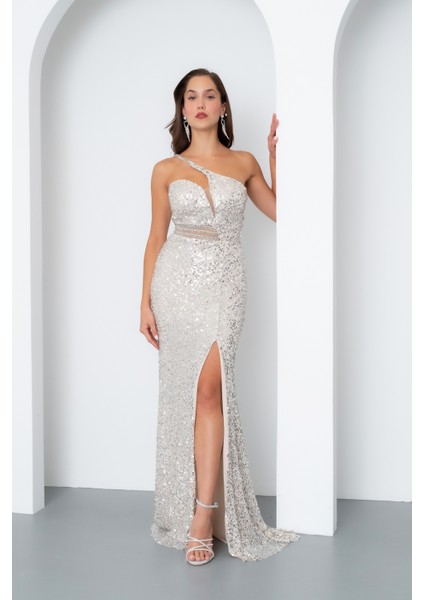 Kadın Bej Bel Transparan Yırtmaçlı Payetli Uzun Abiye Elbise