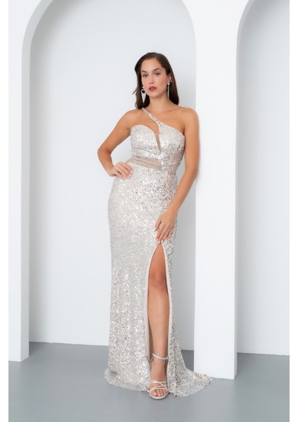 Kadın Bej Bel Transparan Yırtmaçlı Payetli Uzun Abiye Elbise fiyatları