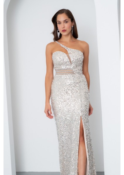 Kadın Bej Bel Transparan Yırtmaçlı Payetli Uzun Abiye Elbise modelleri