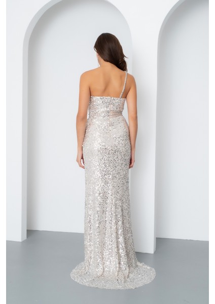 Kadın Bej Bel Transparan Yırtmaçlı Payetli Uzun Abiye Elbise indirimleri