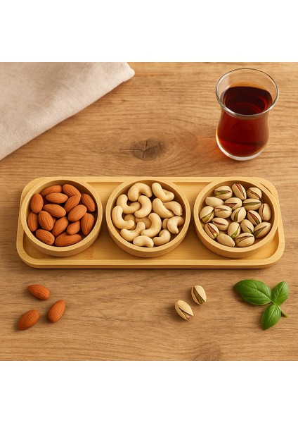 Bambu Çok Amaçlı Çerezlik ve Kahvaltılık - Sunum Tepsili - 3lü Yuvarlak