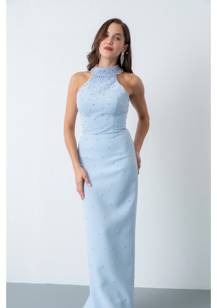 Kadın Bebe Mavi Halter Yaka Incili Söz Nişan Nikah Abiye Elbise modelleri