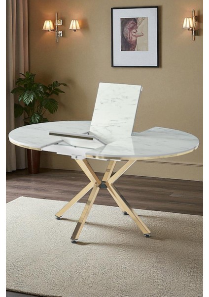 Zenit Plus Açılır Yuvarlak Masa (Sandalyesiz) – Beyaz Mermer, Gold Ayak, Ø120→160 cm