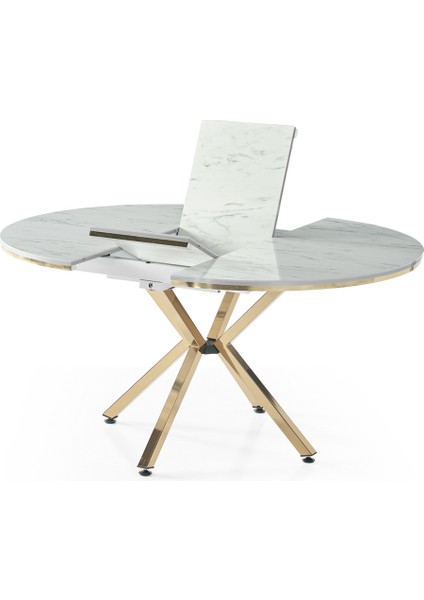 Zenit Plus Açılır Yuvarlak Masa (Sandalyesiz) – Beyaz Mermer, Gold Ayak, Ø120→160 cm fiyatları