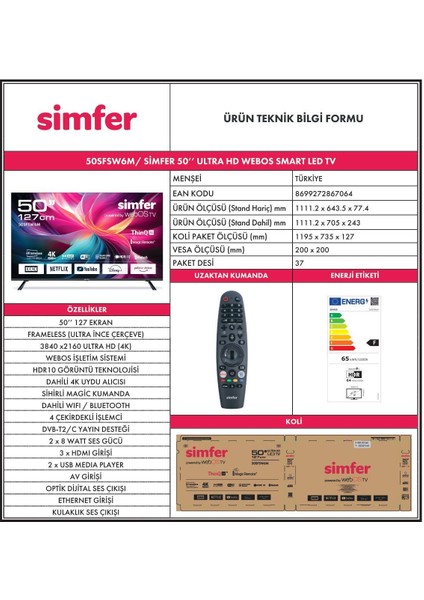 50SFSW6M 127 50" 127 Ekran Dahili Uydu Alıcılı 4K Ultra HD Smart LED TV