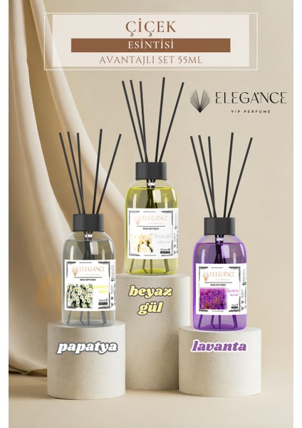 Ekonomik Çiçek Ferahlığı 3lü Set (Beyaz Gül+Lavanta+Papatya Reed Diffuser Çubuklu Oda Kokusu 55 ml