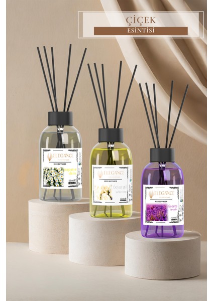 Ekonomik Çiçek Ferahlığı 3lü Set (Beyaz Gül+Lavanta+Papatya Reed Diffuser Çubuklu Oda Kokusu 55 ml fiyatları
