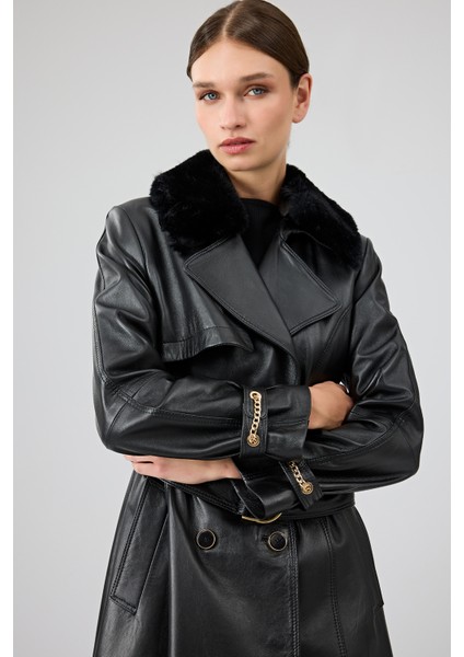 Jenny Kadın Siyah Kruvaze Yaka Deri Pardesü 23WGE51681M