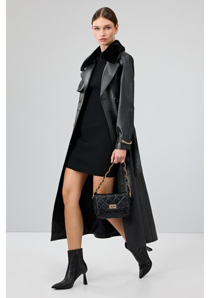 Jenny Kadın Siyah Kruvaze Yaka Deri Pardesü 23WGE51681M