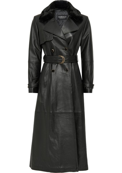 Jenny Kadın Siyah Kruvaze Yaka Deri Pardesü 23WGE51681M