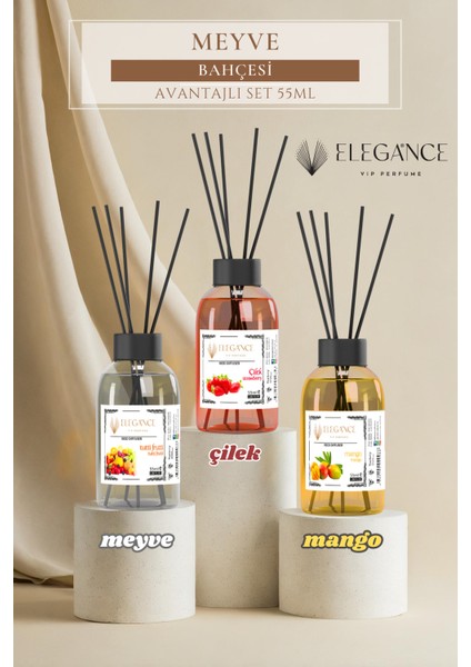 Ekonomik Meyve Bahçesi 3lü Set (Meyve Çilek Mango Reed Diffuser Çubuklu Oda Kokusu 55 ml