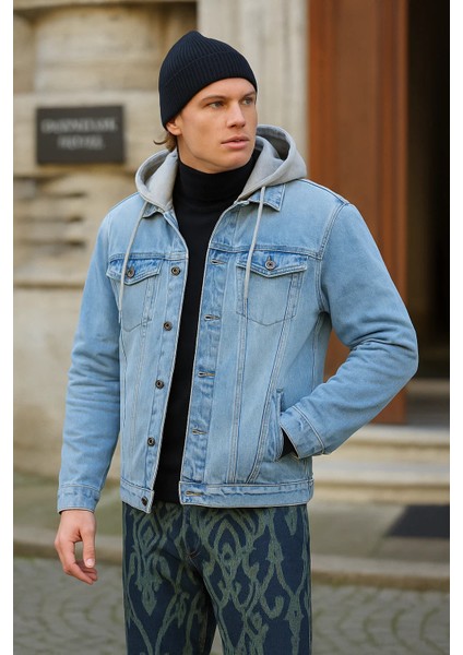 Erkek Basic Mevsimlik Kapşonlu B.mavi Kot Ceket