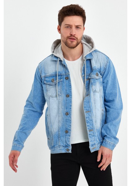 Erkek Basic Mevsimlik Kapşonlu B.mavi Kot Ceket