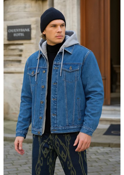 Erkek Basic Mevsimlik Kapşonlu Mavi Kot Ceket