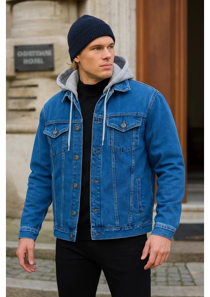 Erkek Basic Mevsimlik Kapşonlu Mavi Kot Ceket fiyatları