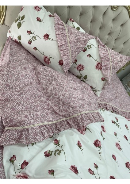 Çift Kişilik 160X200 cm Yatağa Uygun Lastikli Çarşaf, Fırfırlı Nevresim ve 2 Adet Fırfırlı Yastık Kılıfı